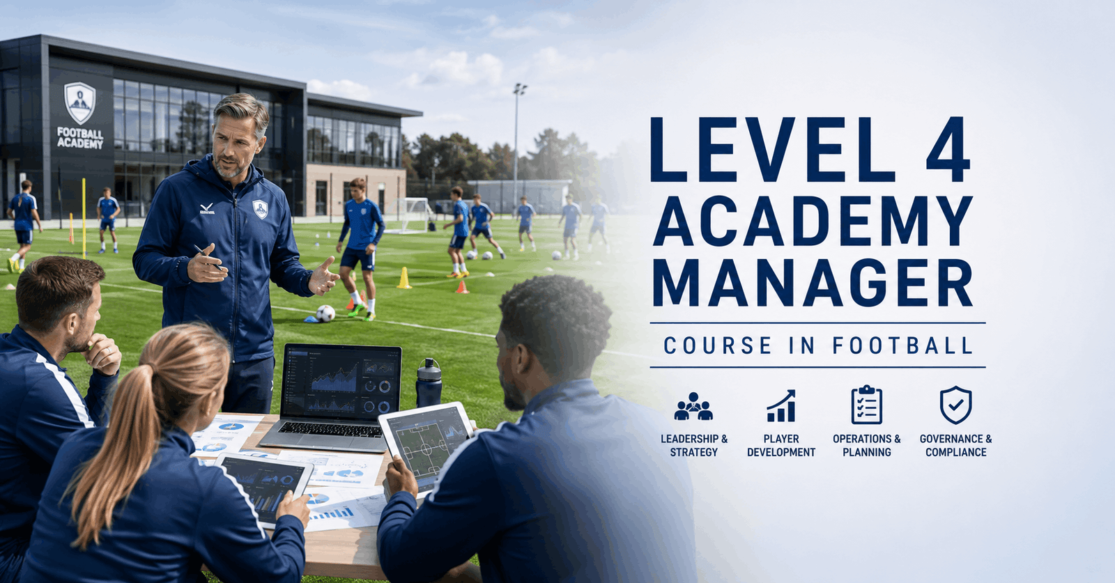 Professional football academy staff leading player development in the Level 4 Academy Manager course.