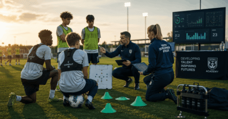 Professional coach leading youth players in a Youth Development Football training session on a modern football pitch
