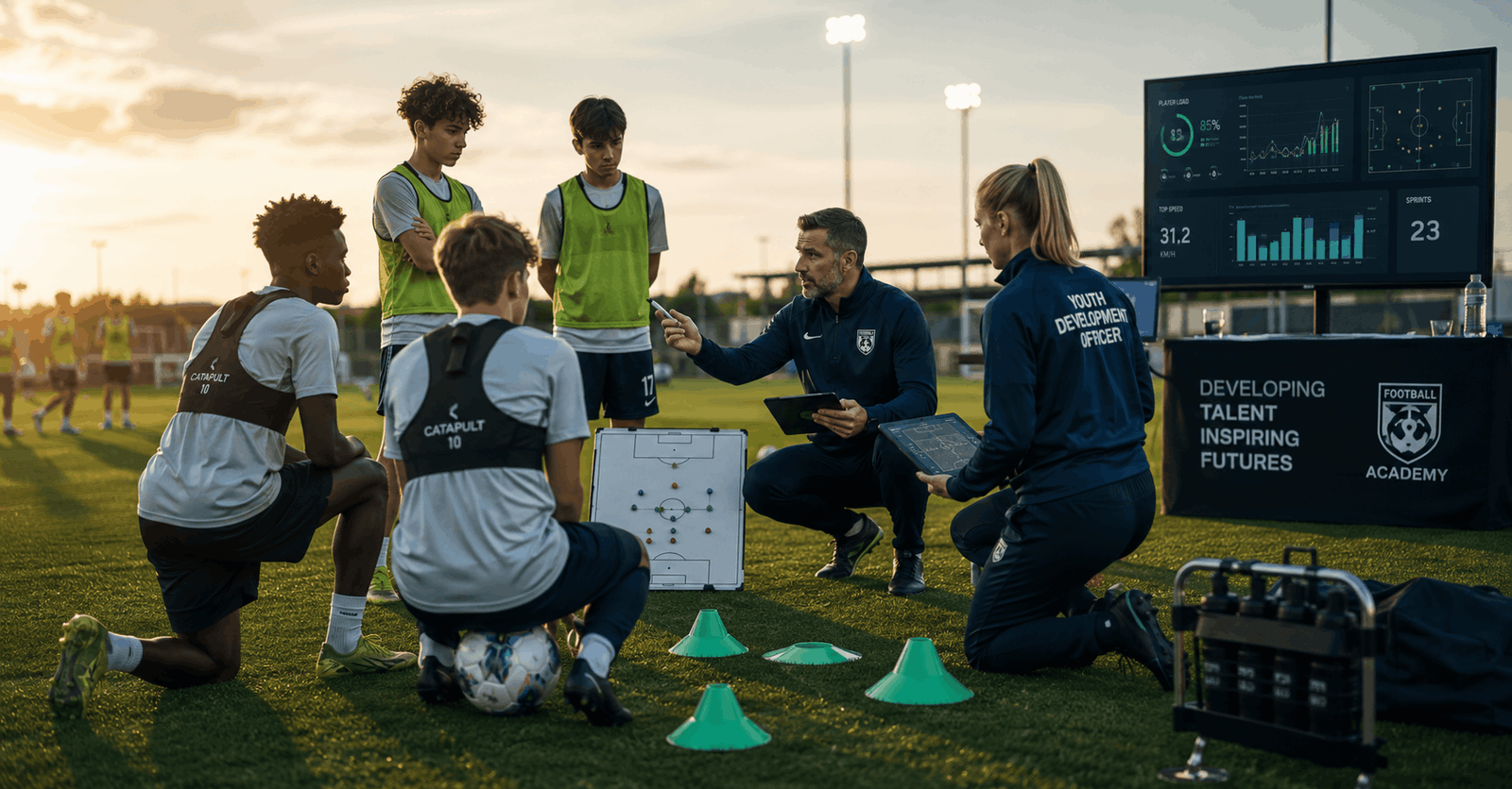 Professional coach leading youth players in a Youth Development Football training session on a modern football pitch