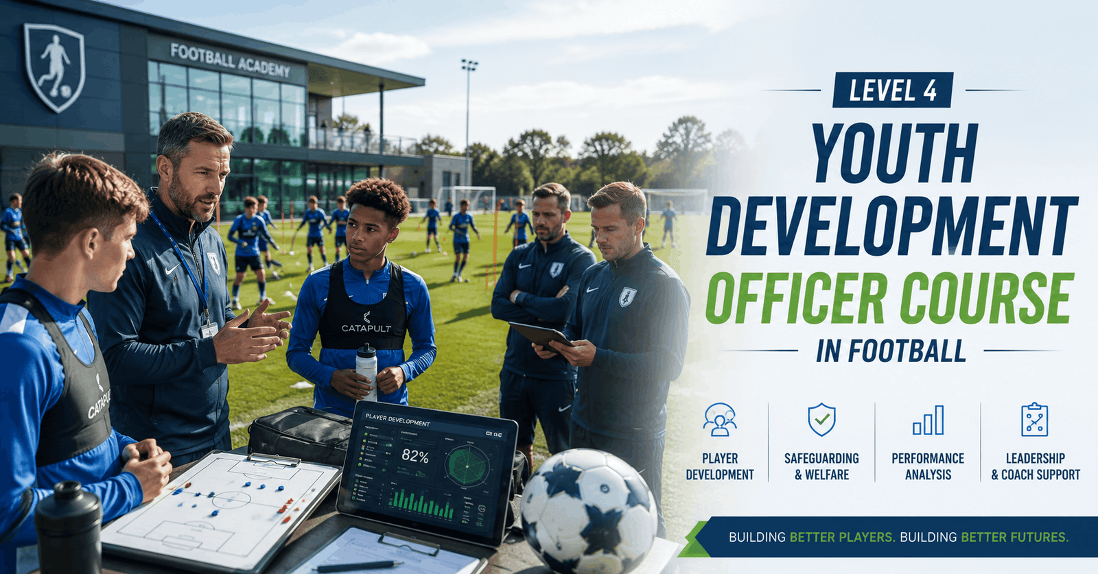 Professional Youth Development Officer mentoring young football players during an academy training session.