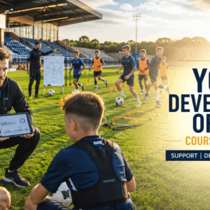 Youth Development Officer supporting young football players during a structured academy training session.