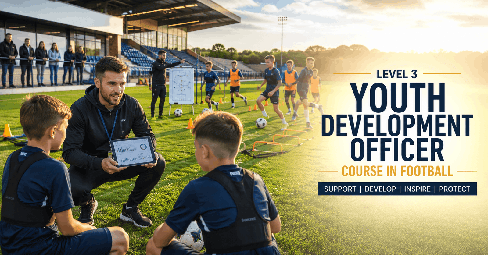 Youth Development Officer supporting young football players during a structured academy training session.