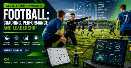 Professional youth football coaching session showing coach training young players in tactical drills for Youth Football Coaching Level 3