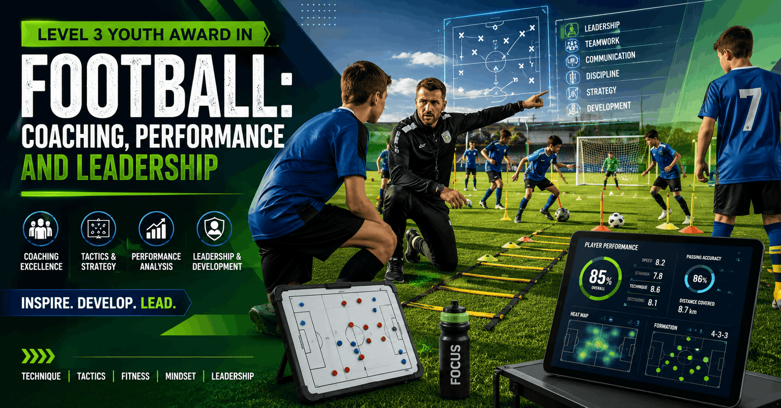 Professional youth football coaching session showing coach training young players in tactical drills for Youth Football Coaching Level 3